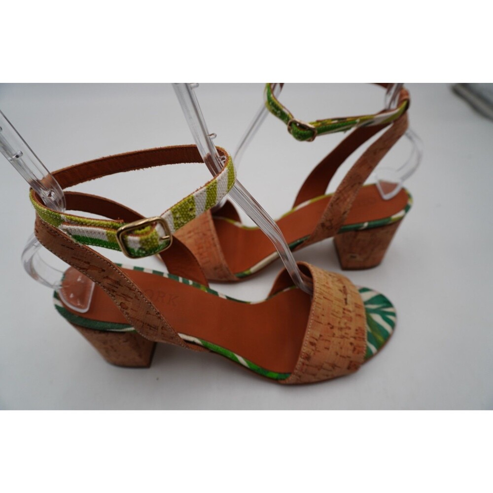 QUEORK Genuine Cork Tropical Palm Print Ankle Strap Sandals Block Heel Size 40